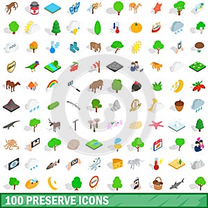 100 preserve icons set, isometric 3d style