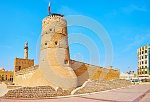 Preserved adobe tower of Al Fahidi Fort, Dubai, UAE