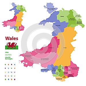 Preserved counties of Wales vector administrative map with districtscities, counties and city boroughs. Welsh-language forms are photo