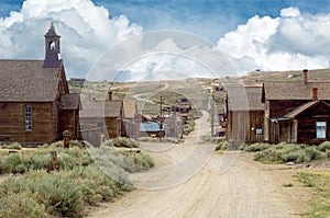 A view down the main street running through ghost town Bodie, in photo