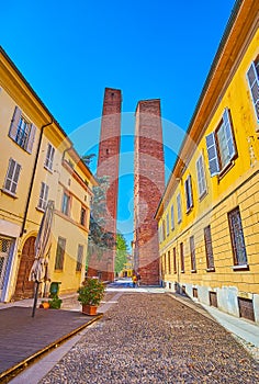 Medieval Towers on Piazza Leonardo da Vinci in Pavia, Italy