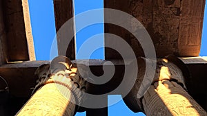 Preserved papyrus shaped column and ceiling at Kom Ombo Temple, Egypt.