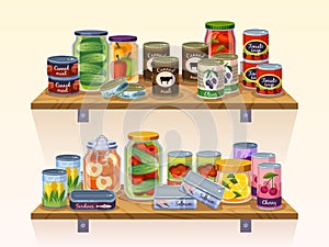 Preserved products shelves. Canned food, grocery goods, tins, glass jars, pickles, jams, meat and fish, long term