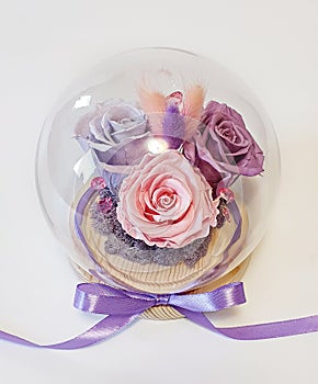 Preserved purple, pink, violet roses arrangement, everlasting flowers