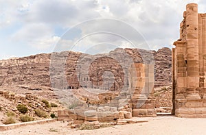 Preserved stone columns at the entrance to the Roman part in Nabatean Kingdom of Petra in Wadi Musa city in Jordan