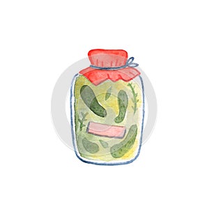 Preserves in glass jar watercolor illustration on white background. Cucumber marinade in glass jar with blank tag