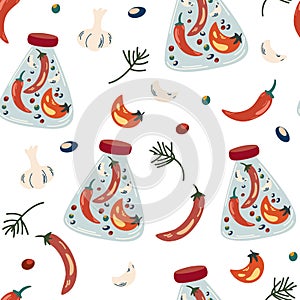 Preserving seamless pattern. Pickled peppers. Canned, Preserve and Jar Food. Fermented veggies. Hot peppers garlic and herbs.