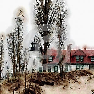 Point Betsie Lighthouse, Michigan. Watercolor and Ink.