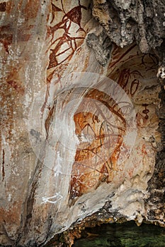 Preshistoric petroglyph rock paintings in Raja Ampat, West Papua, Indonesia. photo