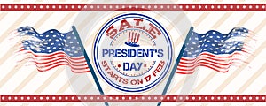 President Day sale header or banner design with rubber stamp and wavy USA flags.