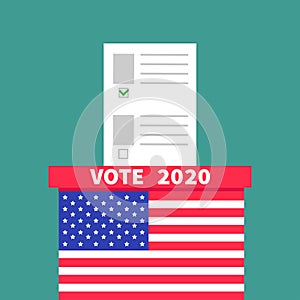 President election day. Vote 2020. American flag Ballot Voting box with paper blank bulletin concept. Polling station. Flat design