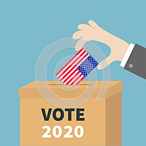 President election day Vote 2020. Ballot Voting box. Businessman holding American flag paper blank bulletin concept. Polling