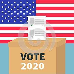 President election day Vote 2020. Ballot Voting box with paper blank bulletin concept. Polling station.American flag on the wall.