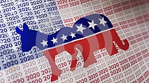 Presidential election 2020 banner with democrat donkey and republican elephant on USA stars and stripes flag.