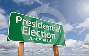 Presidential Election Just Ahead Green Road Sign Over Clouds and Blue Sky