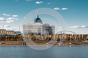 Presidential palace `Ak-Orda` with blue sky across river in Astana, Kazakhstan