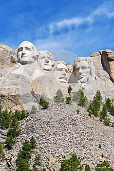 Presidential sculpture at Mount Rushmore national memorial, USA. Blue sky background. Vertical layout.