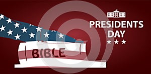 Presidents day illustration. President swears by the Bible. Silhouette of Hand on the Bible.