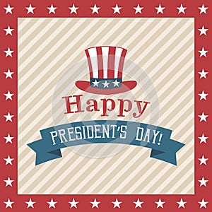 Presidents Day poster on beige background with hat of Uncle Sam and stars. Washingtons Birthday flyer