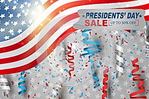 Presidents day sale banner background. USA waving flag with confetti and ringlets. American public holiday