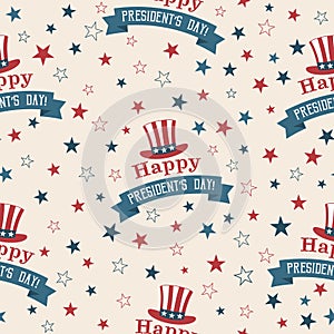 Presidents Day seamless pattern with hat of Uncle Sam and stars on beige background. Washingtons Birthday