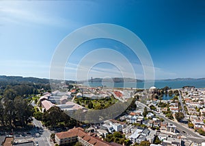 Presidio park, Golden gate bridge, palace of fine arts, Aerial shot with crissy field beach