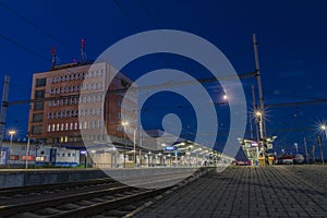 Presov station in blue sky evening with night train from Presov to Bratislava