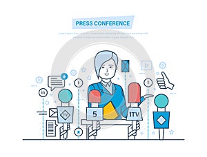 Press conference. Communications, live report dialogue, interviews, questions, media, news.