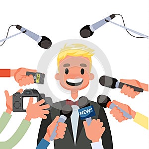 Press conference concept. Journalist with the microphone