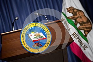 Press conference of governor of the state of California concept. Seal of the governor of the State of California on the tribune