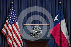 Press conference of governor of the state of Texas concept. Big Seal of the State of Texas on the tribune with flag of USA and