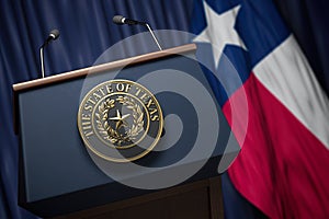Press conference of governor of the state of Texas concept. Big Seal of the State of Texas on the tribune with flag of USA and