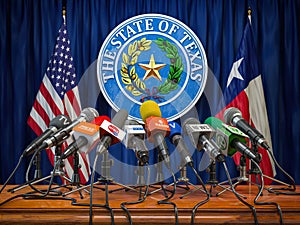 Press conference of governor of the state of Texas concept. Microphones TV and radio channels with symbol and flag of Texas state
