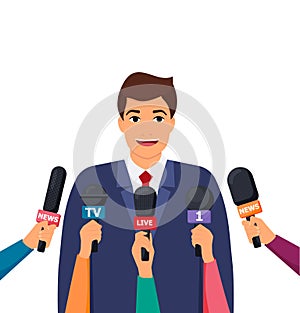 Press conference. Hands holding microphones and digital voice recorders. Rostrum, tribune with microphones. Modern flat design