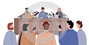 Press conference interview flat vector illustration. Speaker's speech with microphone at presentation.