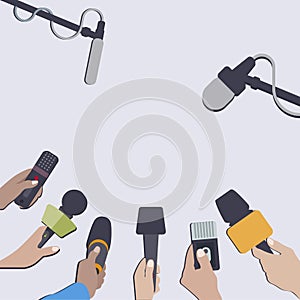 Press conference and interview, journalism broadcasting, recorder and microphone