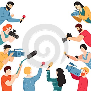 Press conference. Journalist characters with microphone, camera and voice recorders, mass media interview, press