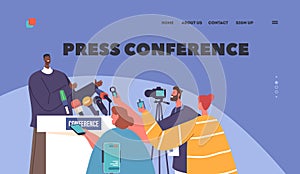 Press Conference Landing Page Template. Mass Media, Tv Broadcasting Event With Journalists Listening Black Man