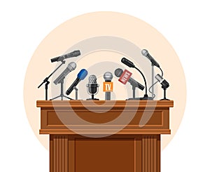 Press conference podium. Tribune for debate speaker with journalist microphone. Platform for interview or public announcement