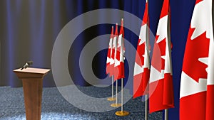 Press conference of premier minister of Canada concept, Politics of Canada. Podium speaker tribune with Canada flags and coat arm
