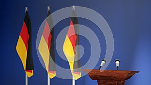 Press conference of premier minister of Germany concept, Politics of Germany. Podium speaker tribune with Germany flags and coat a