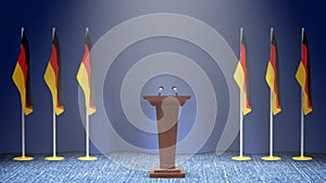 Press conference of premier minister of Germany concept, Politics of Germany. Podium speaker tribune with Germany flags and coat a