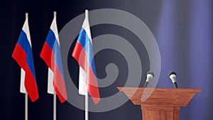 Press conference of president of Russia concept, Politics of Russia. Podium speaker tribune with russia flags and coat arms. 3d r