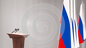 Press conference of president of Russia concept, Politics of Russia. Podium speaker tribune with Germany flags and coat arms. 3d r