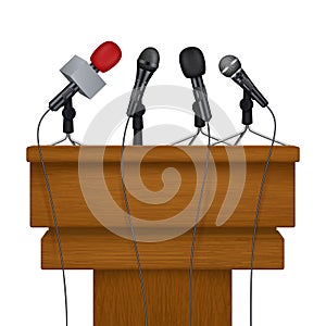 Press conference stage. Meeting news media microphones vector realistic pictures