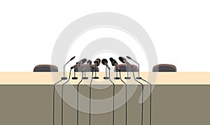 Press conference table or tribune with microphones. Media interviews and answers to questions. Political conference