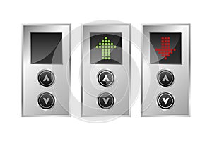 Press the elevator button. Lift buttons isolated on white background. Call elevator. Up and down arrow. Rise to the top