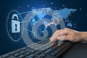 Press enter button on computer, close up of a finger pressing a button on keyboard