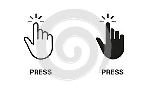 Press Gesture, Hand Cursor for Computer Mouse Line and Silhouette Black Icon Set. Click, Tap, Touch, Point Sign