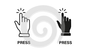 Press Gesture, Hand Cursor for Computer Mouse Line and Silhouette Black Icon Set. Click, Tap, Touch, Point Sign